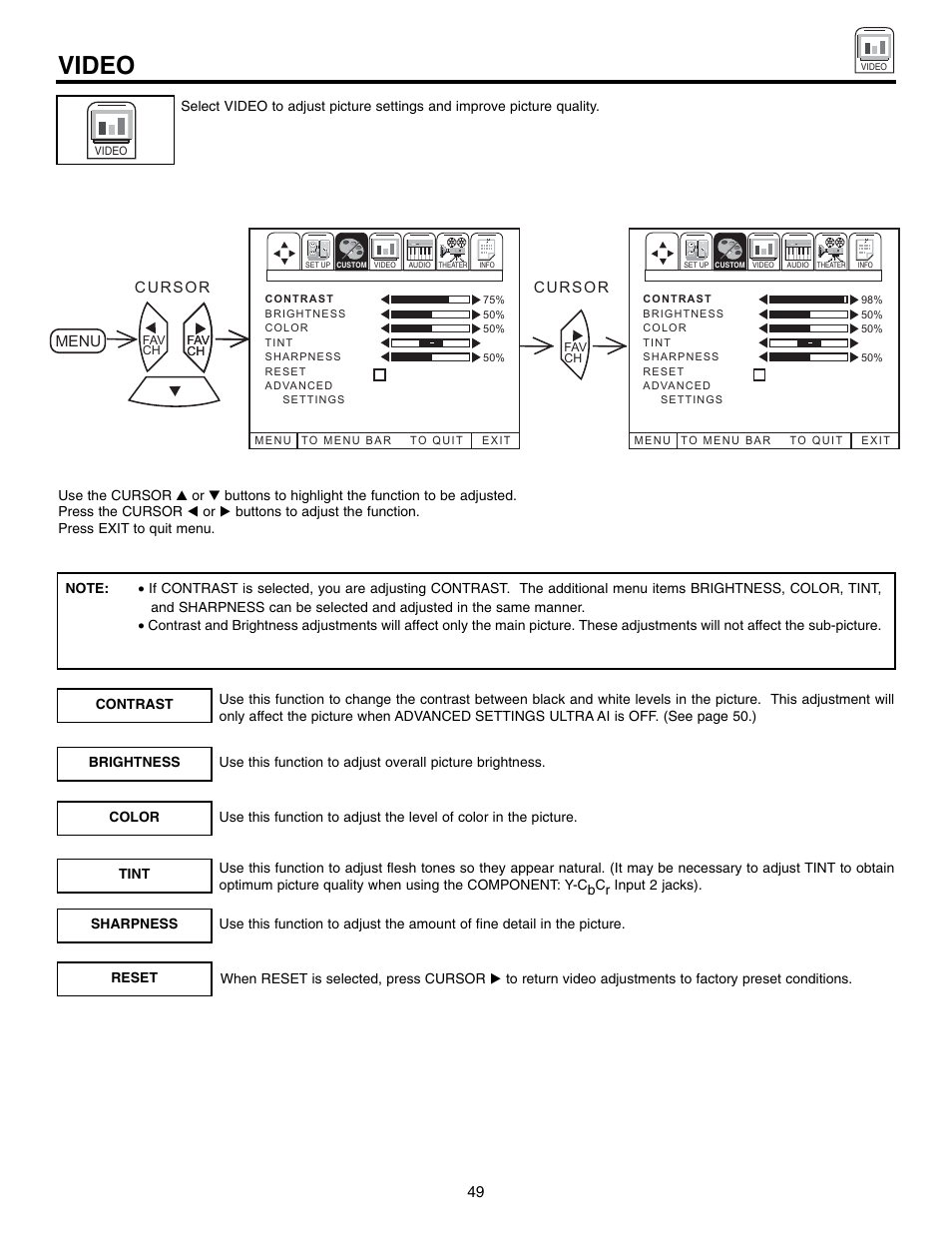 Video | Hitachi 60UX57B User Manual | Page 49 / 64