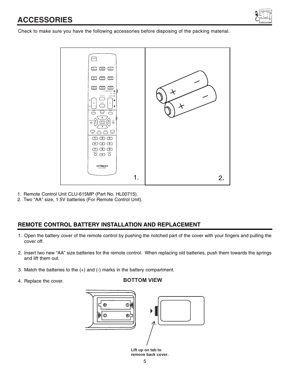 Accessories, Bottom view, Lift up on tab to remove back cover | Hitachi 60UX57B User Manual | Page 5 / 64