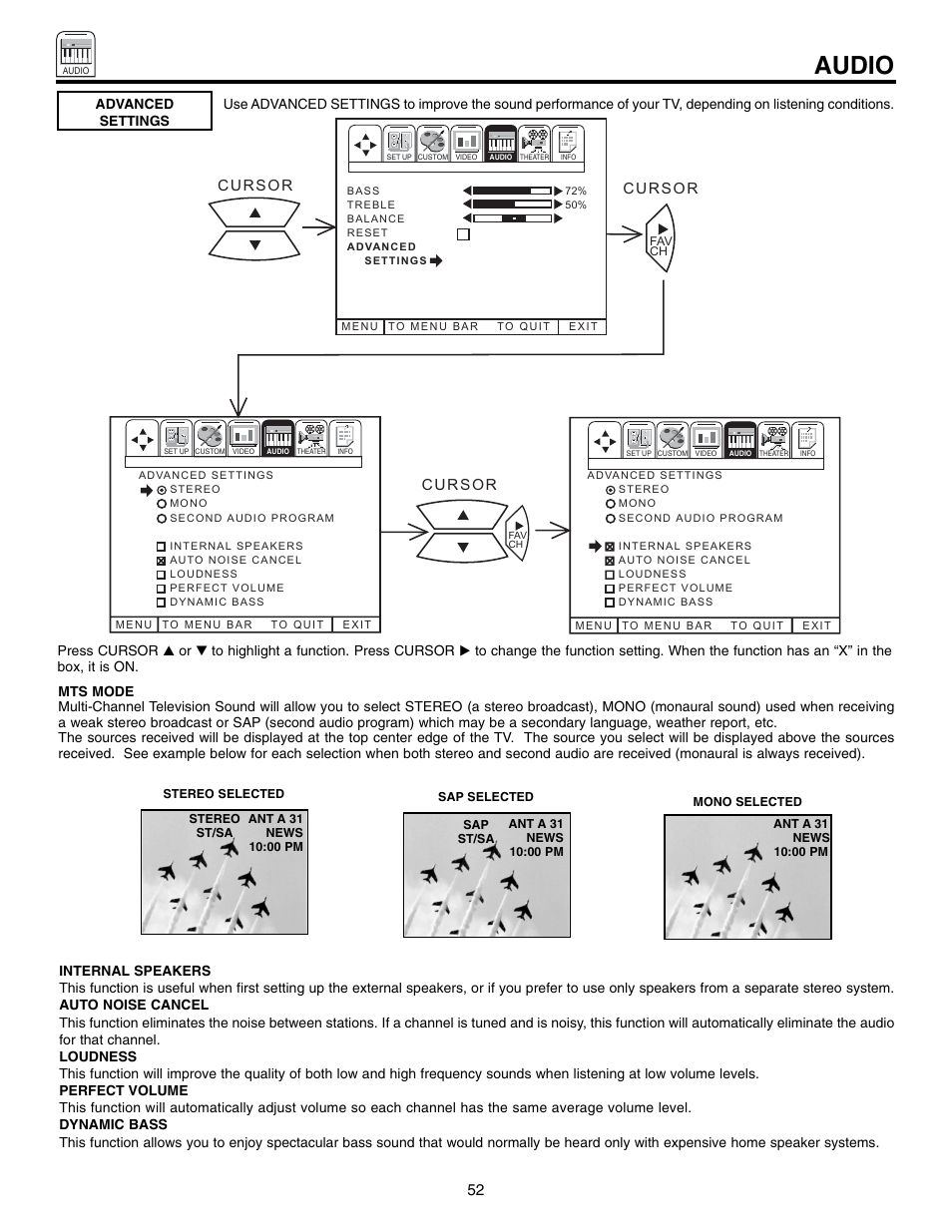 Audio | Hitachi 60UX57B User Manual | Page 52 / 64