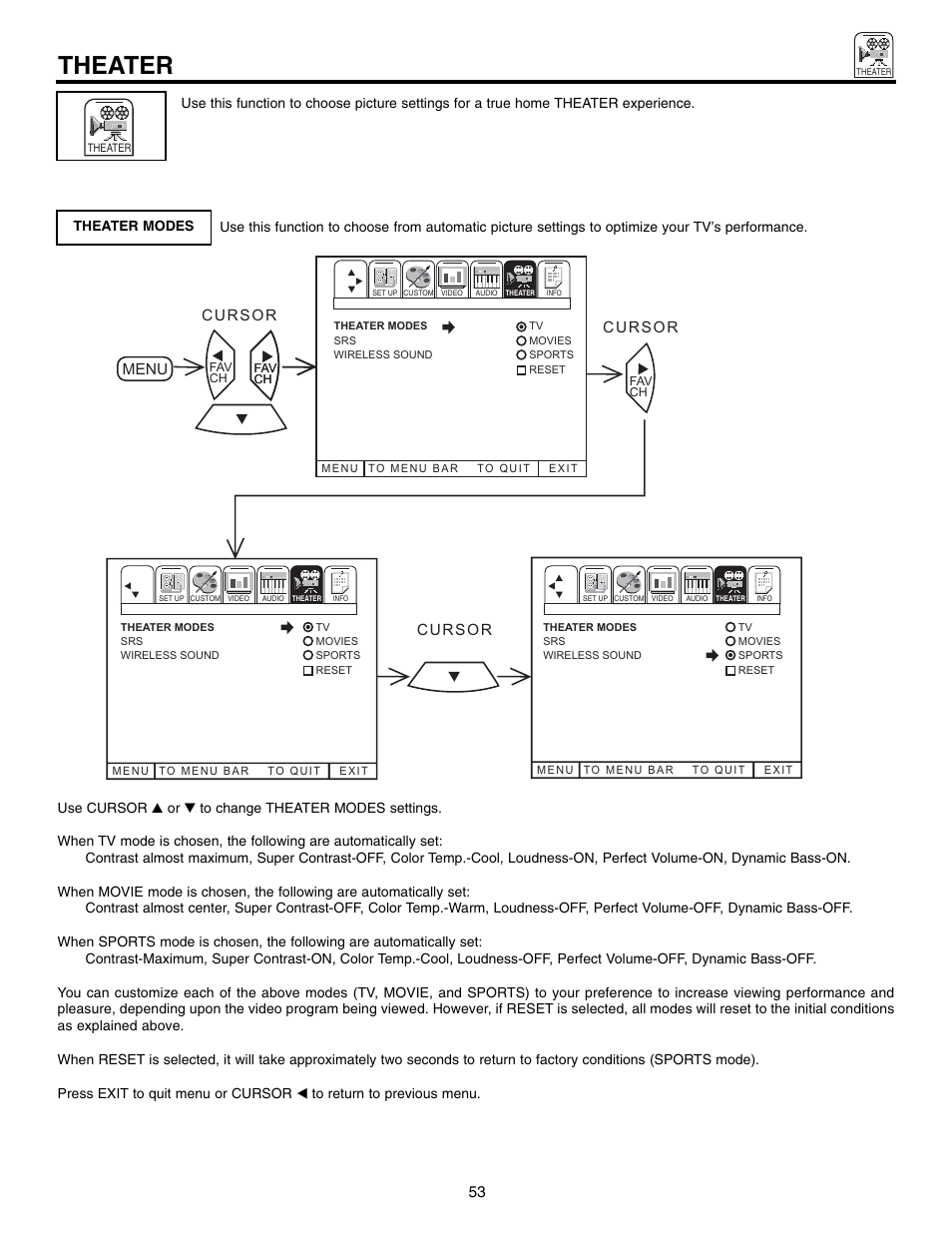 Theater, Menu | Hitachi 60UX57B User Manual | Page 53 / 64