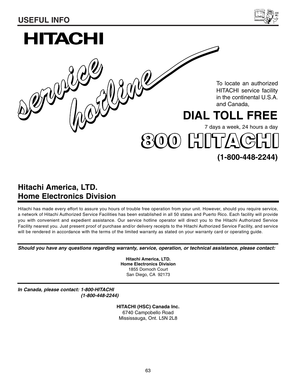 Service ser vic e, 800 hitachi | Hitachi 60UX57B User Manual | Page 63 / 64