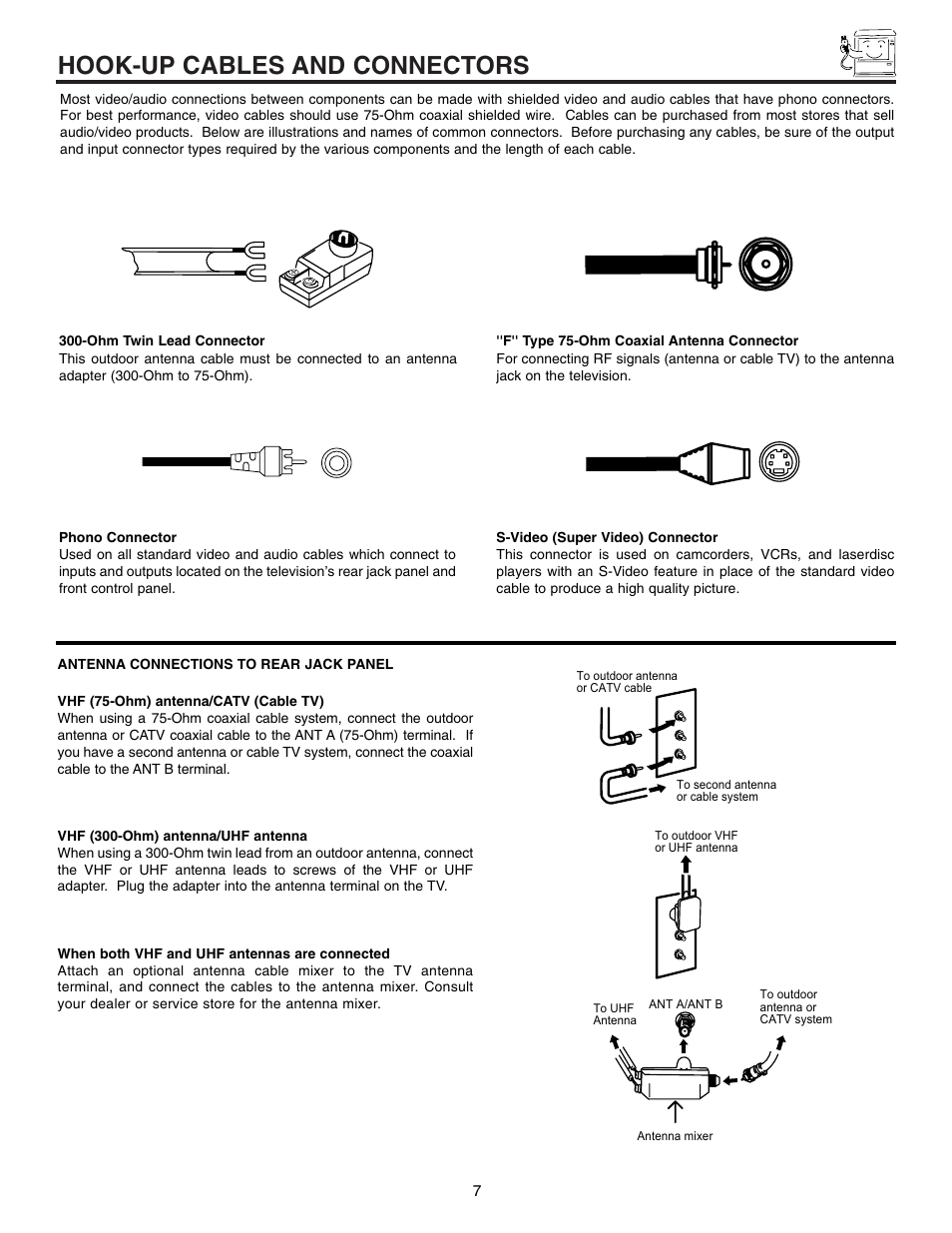 Hook-up cables and connectors | Hitachi 60UX57B User Manual | Page 7 / 64