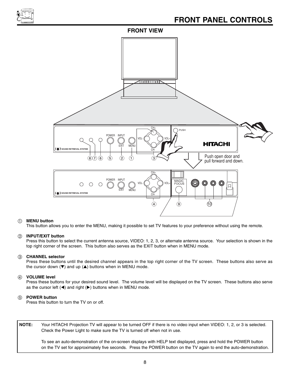 Front panel controls, Front view, Push open door and pull forward and down | Hitachi 60UX57B User Manual | Page 8 / 64