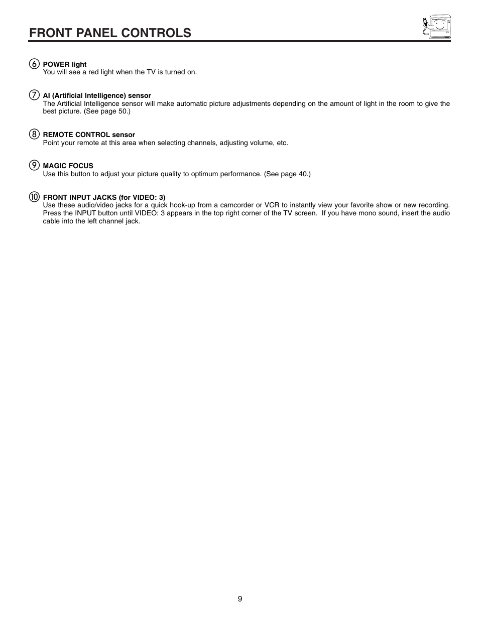 Front panel controls | Hitachi 60UX57B User Manual | Page 9 / 64