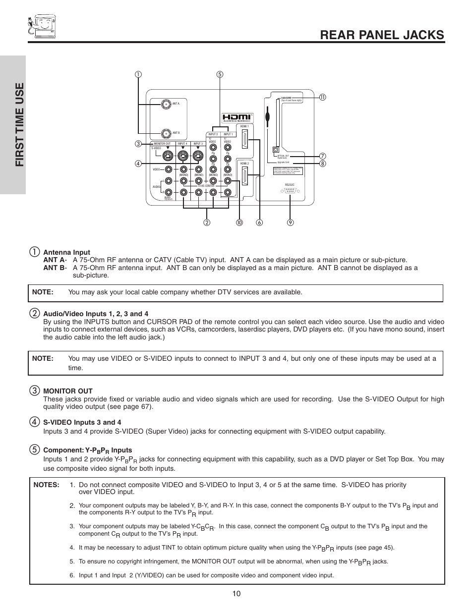 Rear panel jacks, First time use ቢ | Hitachi 70VS810 User Manual | Page 10 / 84