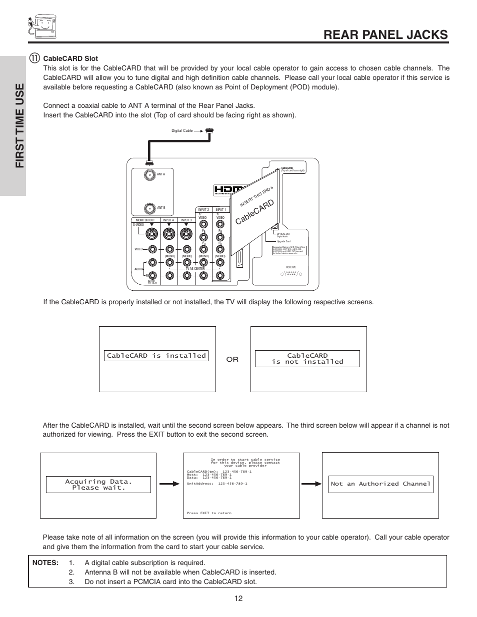 Rear panel jacks, First time use, Cablecard | Hitachi 70VS810 User Manual | Page 12 / 84