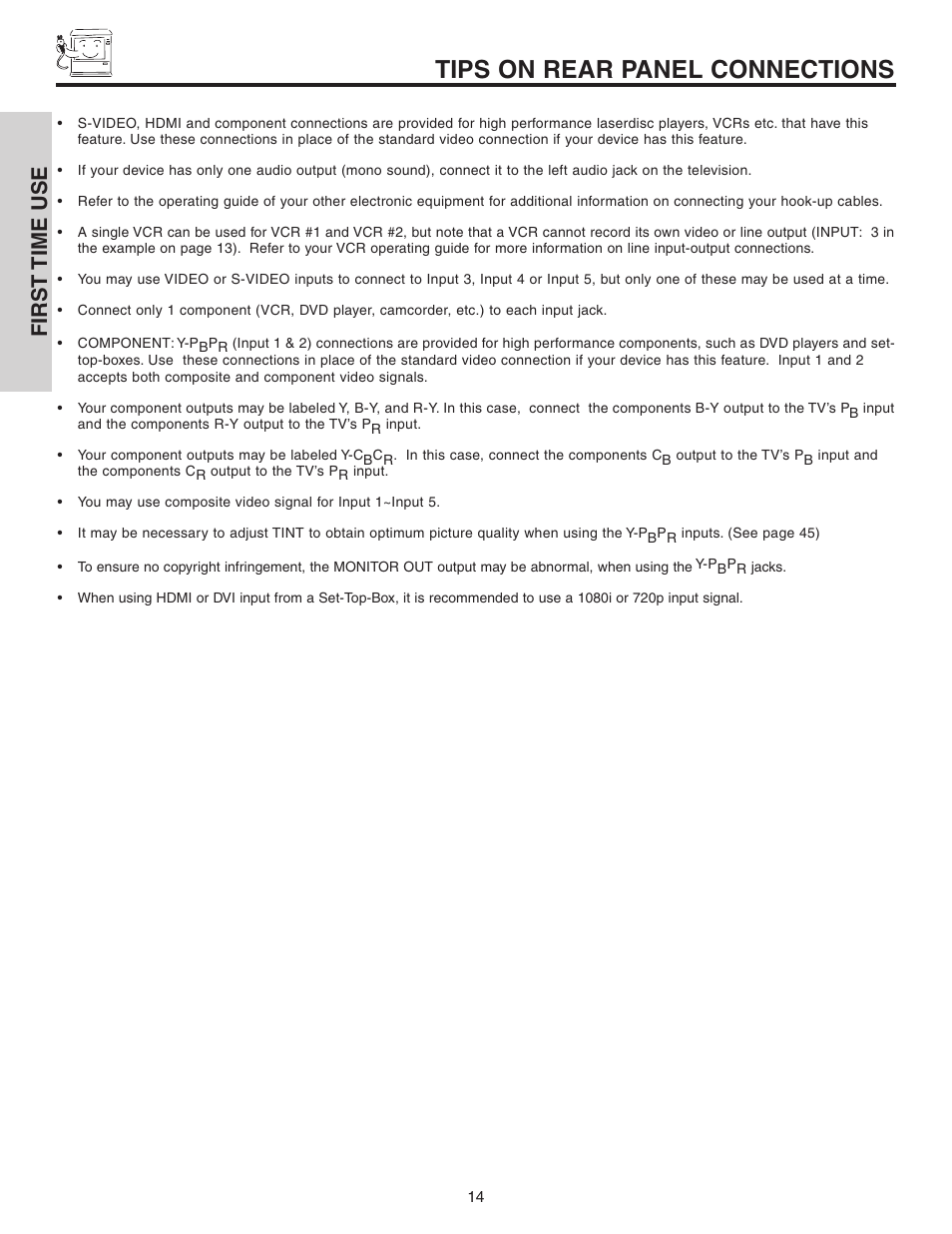 Tips on rear panel connections, First time use | Hitachi 70VS810 User Manual | Page 14 / 84