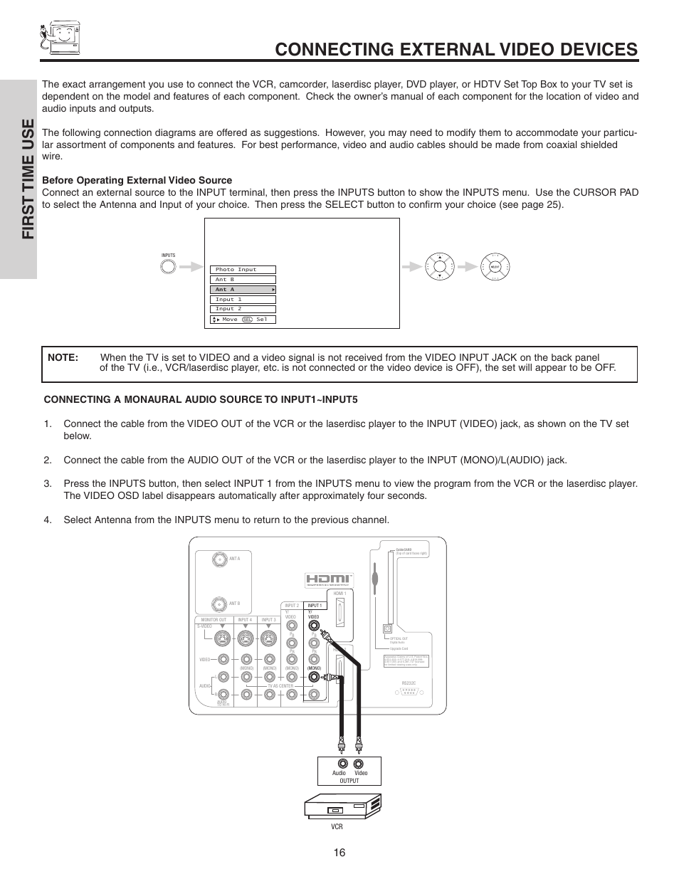 Connecting external video devices, First time use | Hitachi 70VS810 User Manual | Page 16 / 84