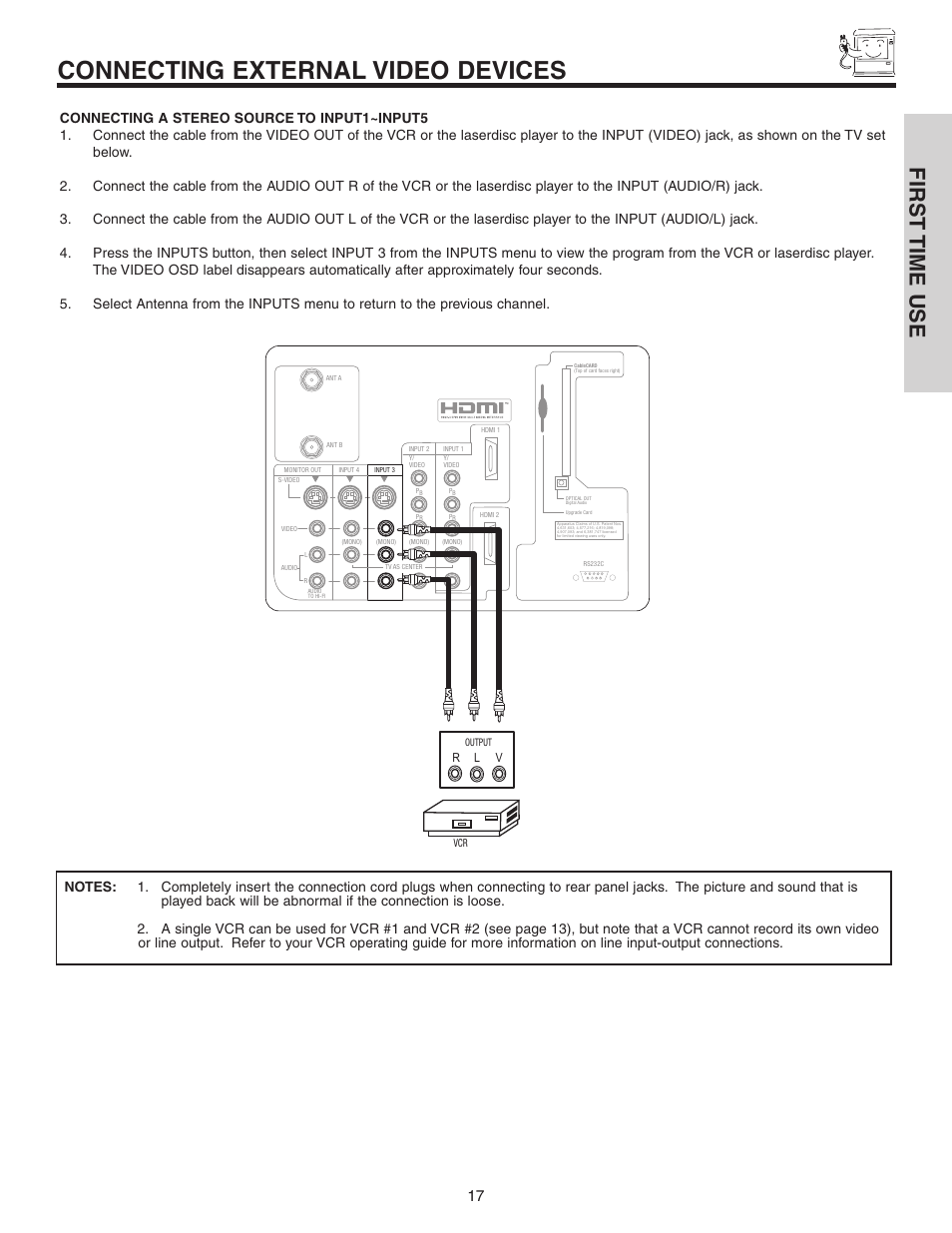 Connecting external video devices, First time use, R l v | Hitachi 70VS810 User Manual | Page 17 / 84