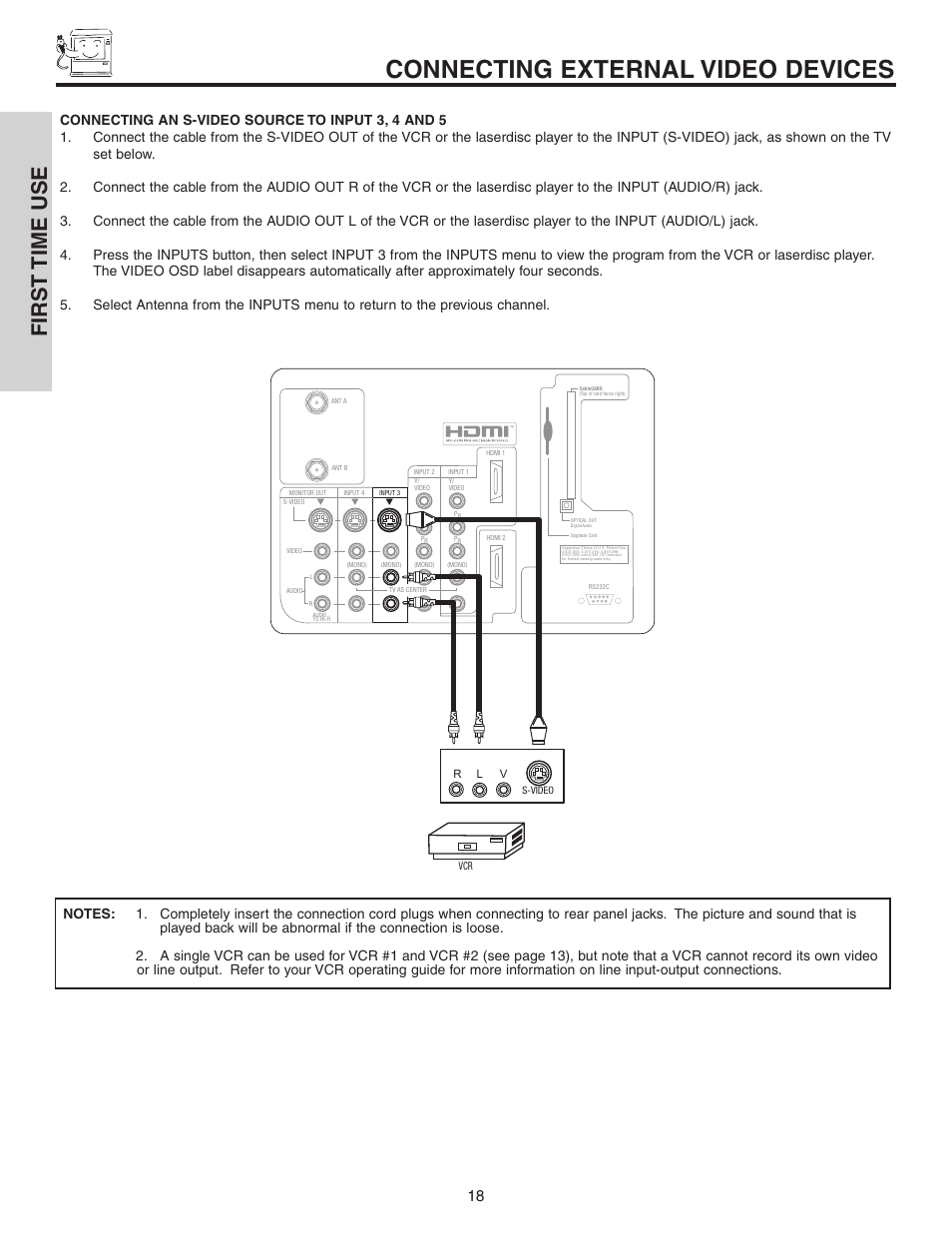 Connecting external video devices, First time use | Hitachi 70VS810 User Manual | Page 18 / 84