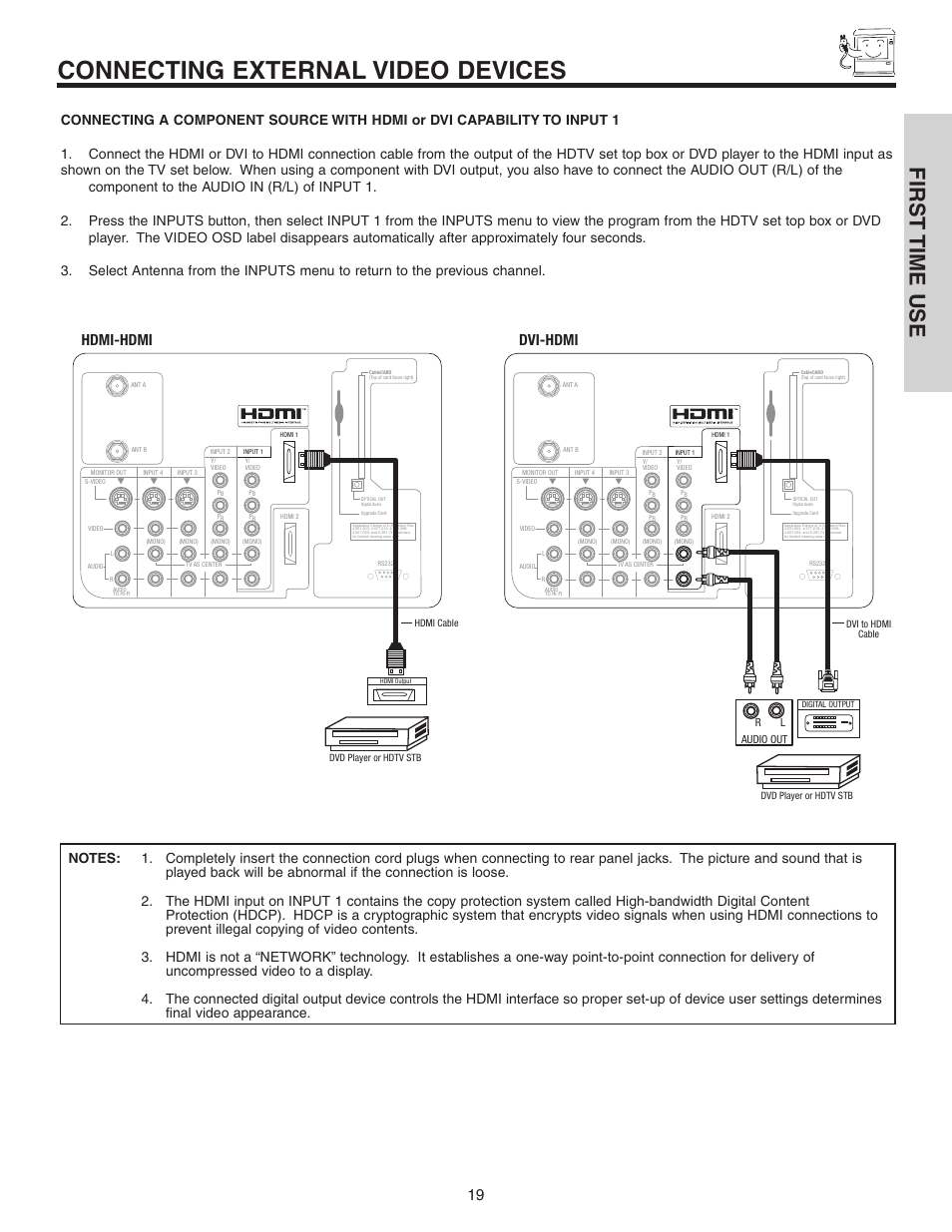 Connecting external video devices, First time use, Dvi-hdmi | Hdmi-hdmi, Rl audio out | Hitachi 70VS810 User Manual | Page 19 / 84