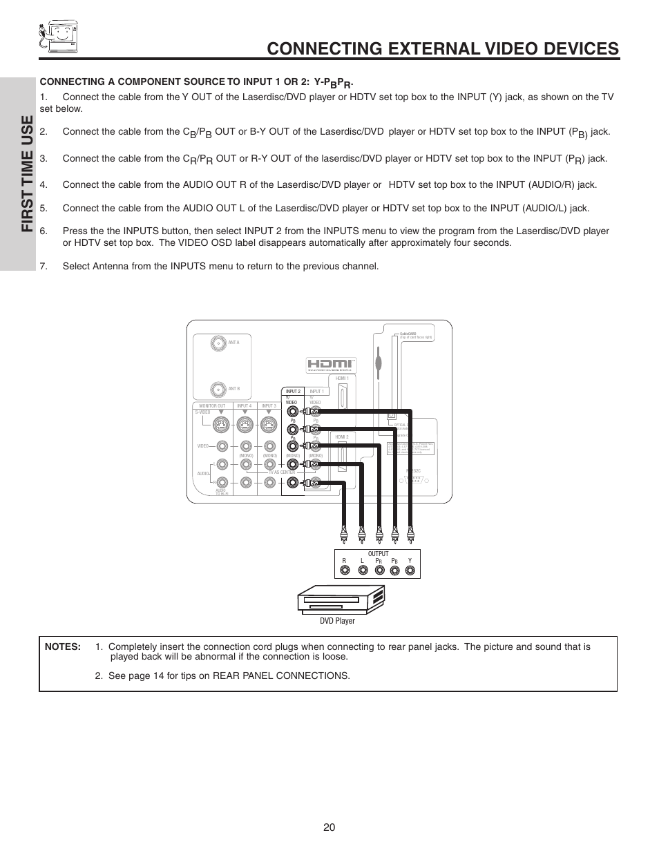 Connecting external video devices, First time use | Hitachi 70VS810 User Manual | Page 20 / 84