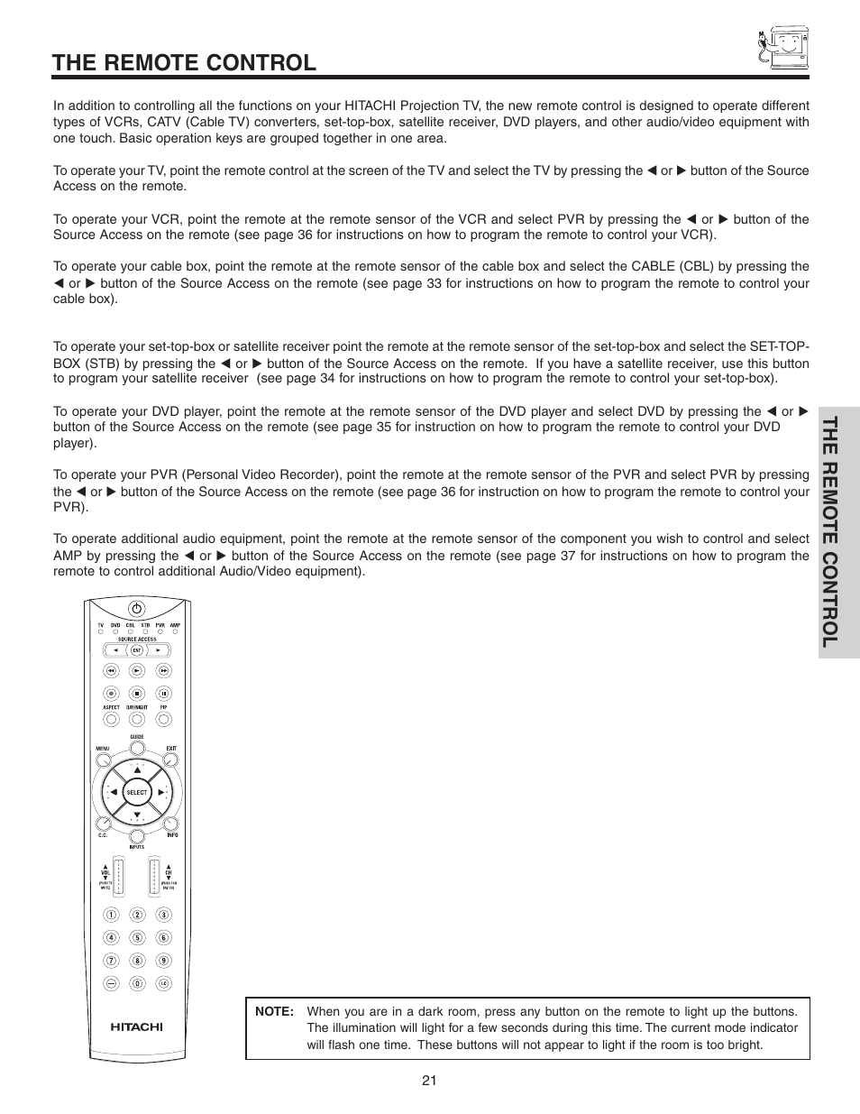 The remote control, The remo te contr ol | Hitachi 70VS810 User Manual | Page 21 / 84