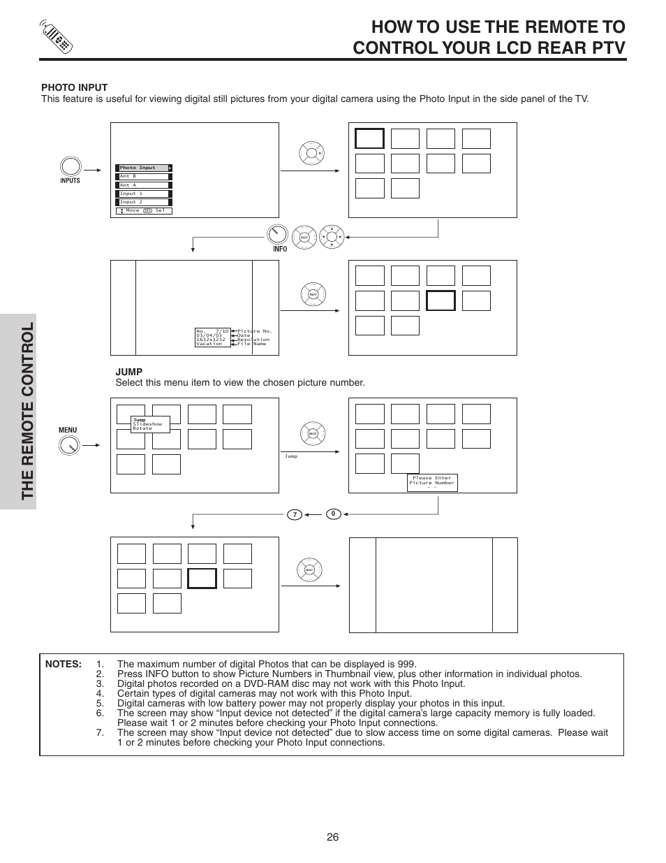 How to use the remote to control your lcd rear ptv, The remo te contr ol | Hitachi 70VS810 User Manual | Page 26 / 84