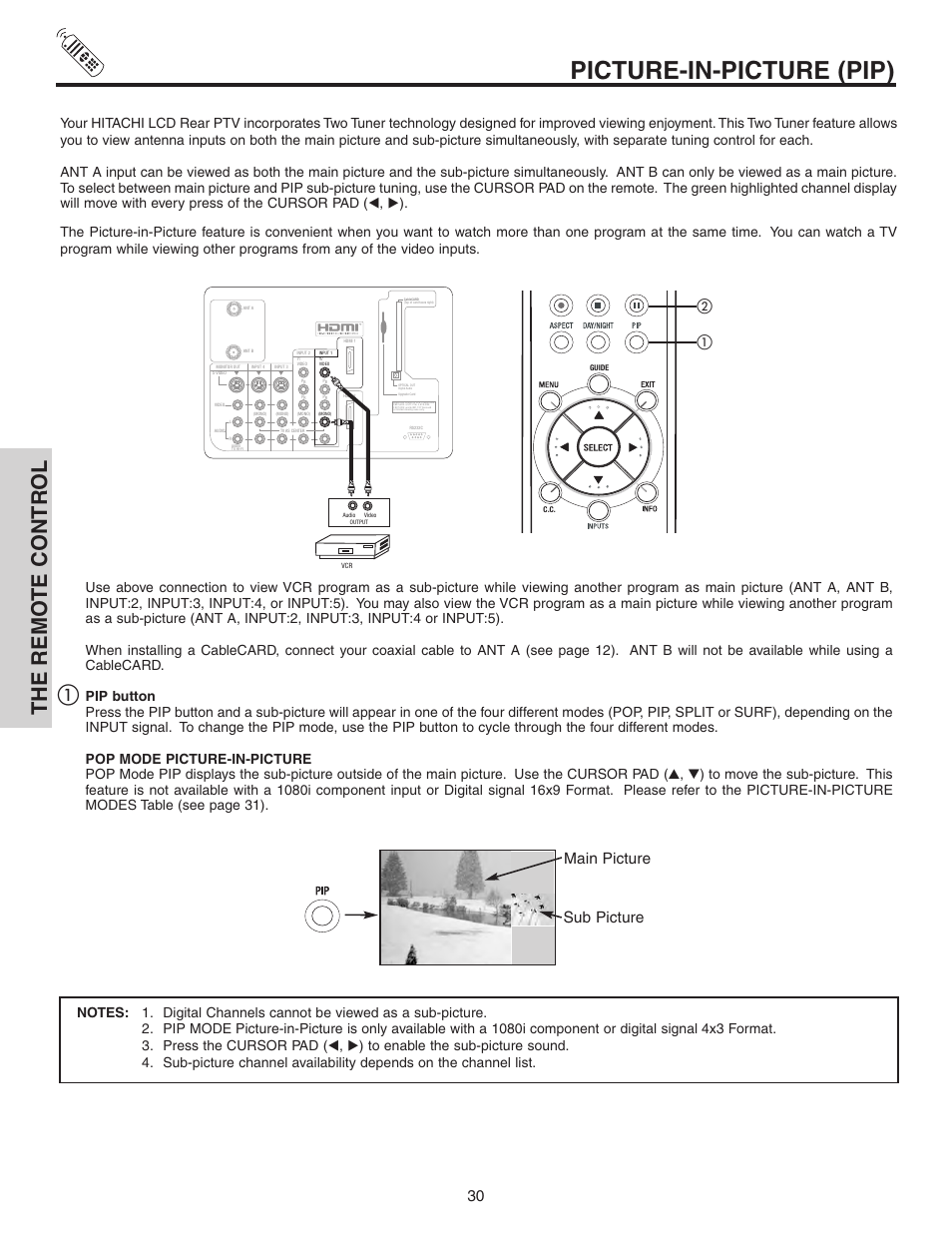 Picture-in-picture (pip), The remo te contr ol, Main picture sub picture | Hitachi 70VS810 User Manual | Page 30 / 84