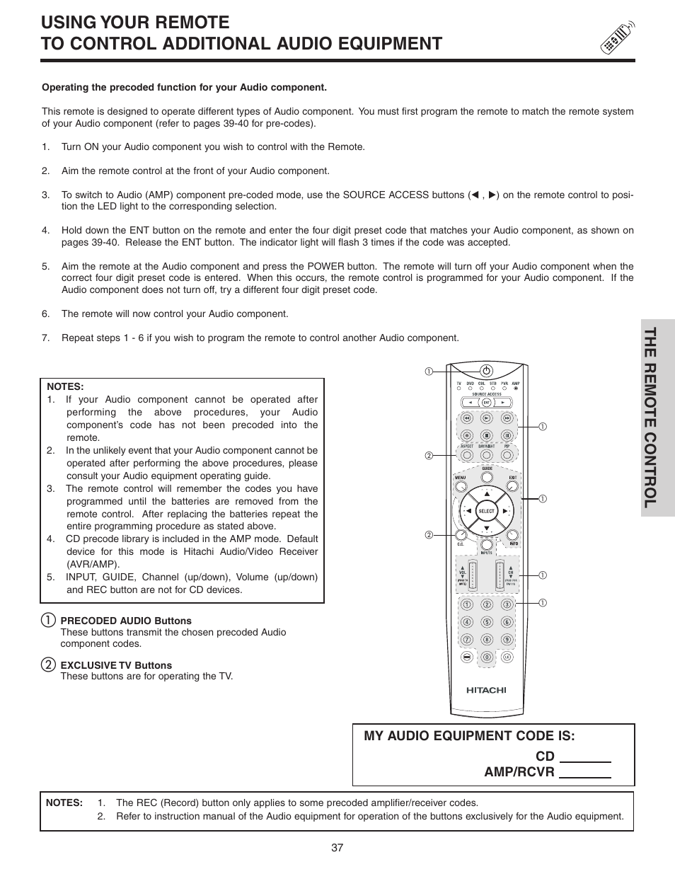 The remo te contr ol, My audio equipment code is, Cd amp/rcvr | Hitachi 70VS810 User Manual | Page 37 / 84