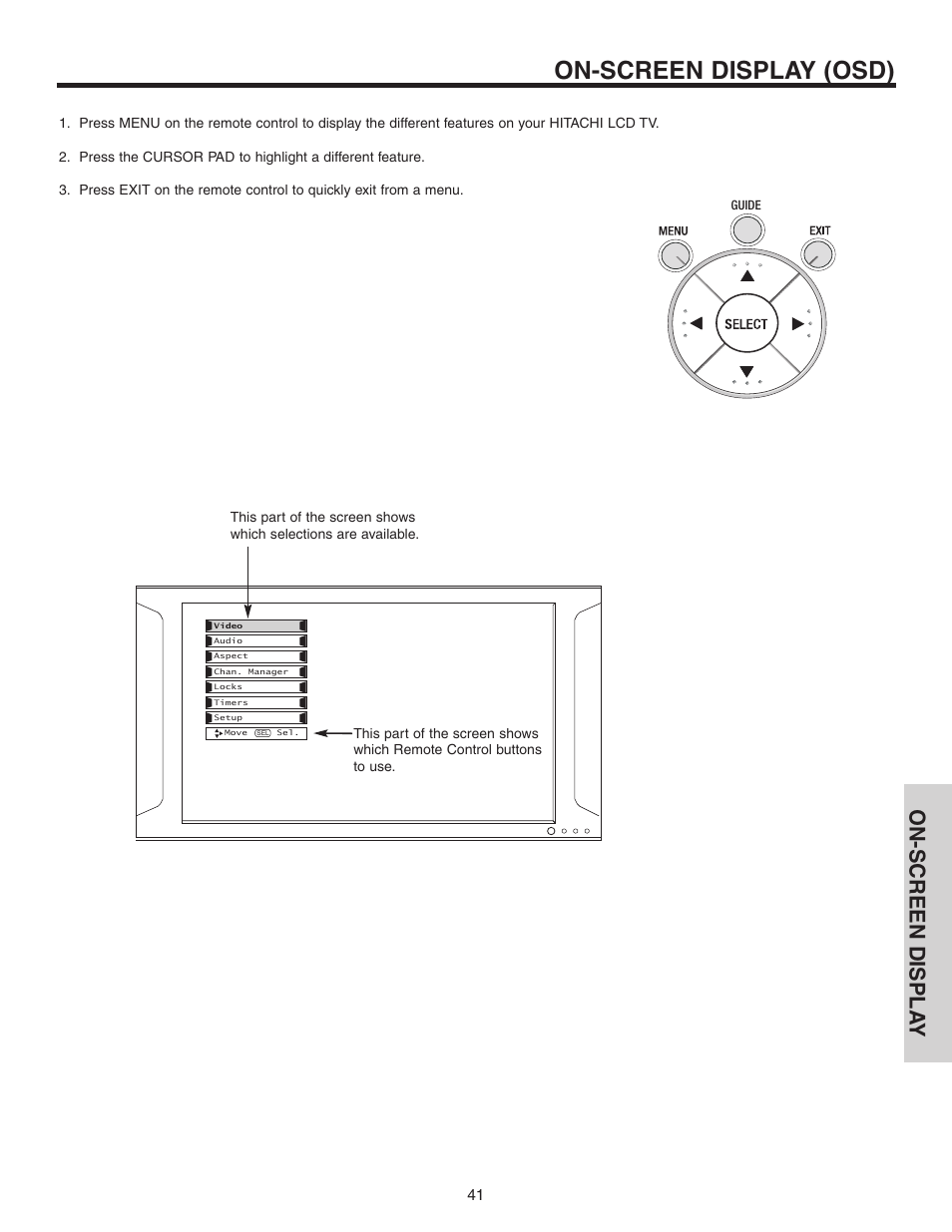 On-screen display (osd), On-screen displa y | Hitachi 70VS810 User Manual | Page 41 / 84