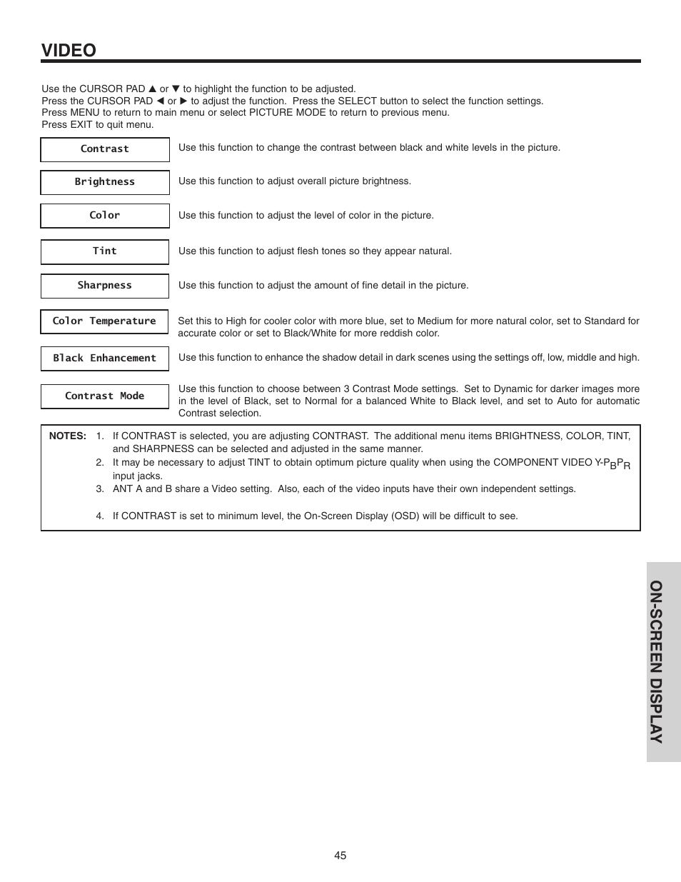 Video, On-screen displa y | Hitachi 70VS810 User Manual | Page 45 / 84