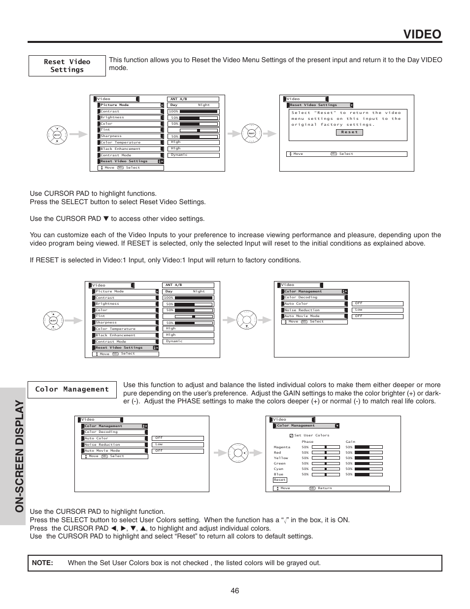 Video, On-screen displa y | Hitachi 70VS810 User Manual | Page 46 / 84