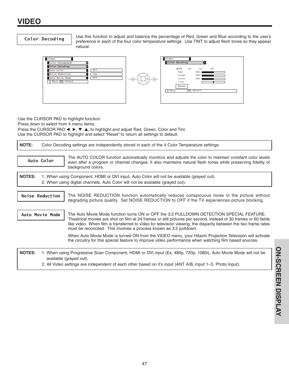 Video, On-screen displa y | Hitachi 70VS810 User Manual | Page 47 / 84