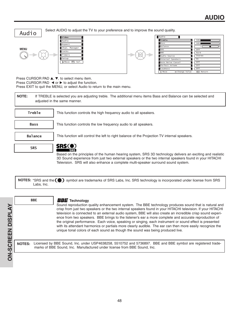 Audio, On-screen displa y | Hitachi 70VS810 User Manual | Page 48 / 84