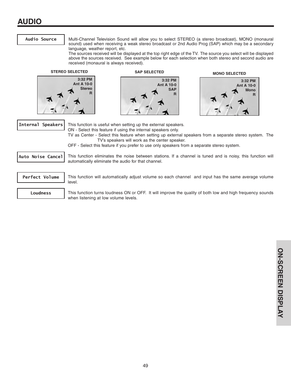 Audio, On-screen displa y | Hitachi 70VS810 User Manual | Page 49 / 84