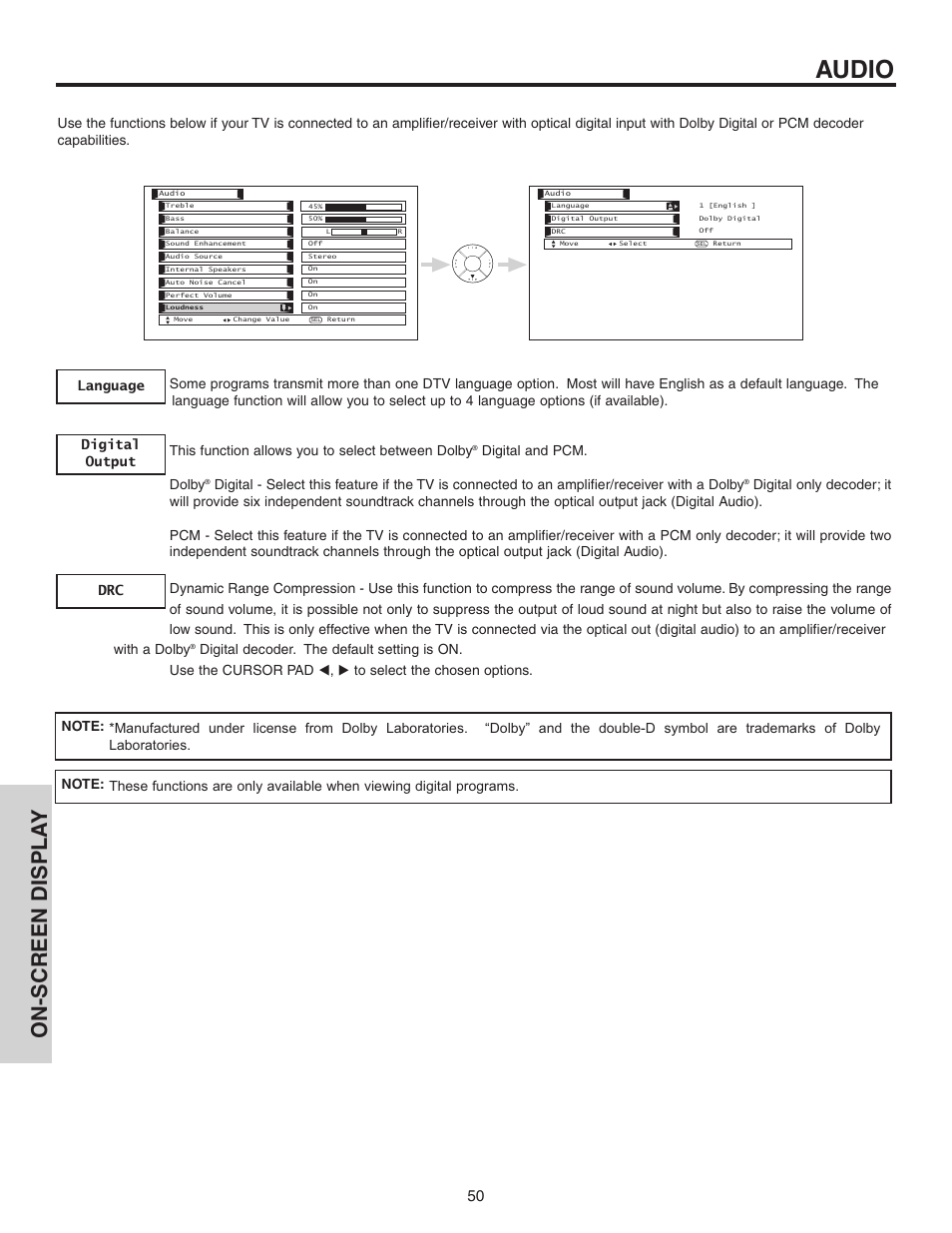 Audio, On-screen displa y, Digital and pcm. dolby | Hitachi 70VS810 User Manual | Page 50 / 84