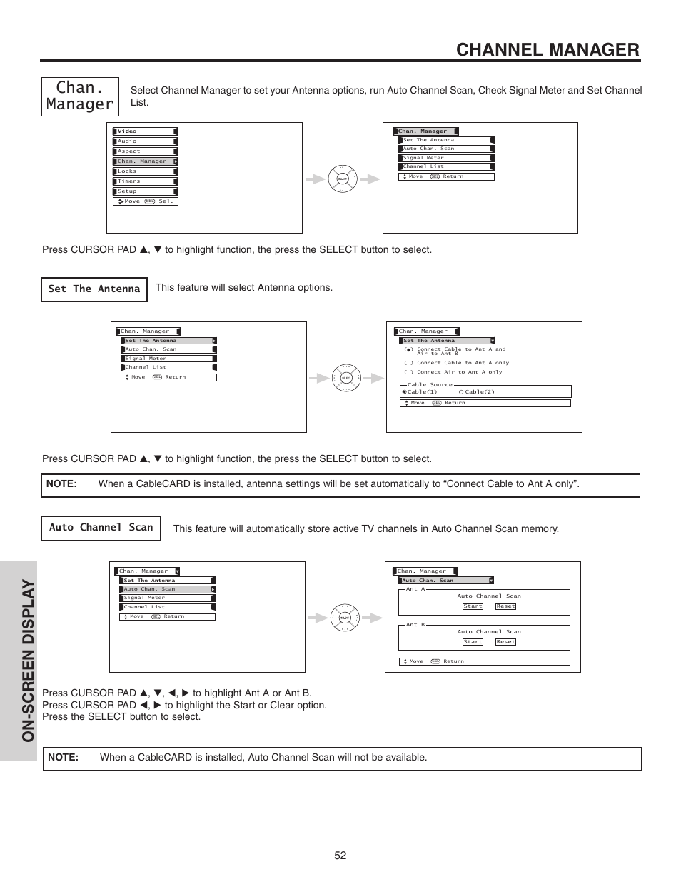 Channel manager, Chan. manager, On-screen displa y | This feature will select antenna options | Hitachi 70VS810 User Manual | Page 52 / 84