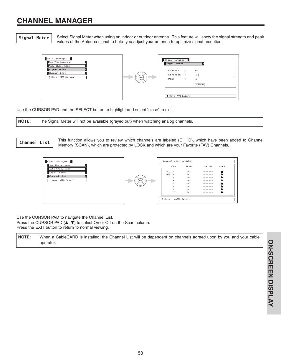 Channel manager, On-screen displa y | Hitachi 70VS810 User Manual | Page 53 / 84