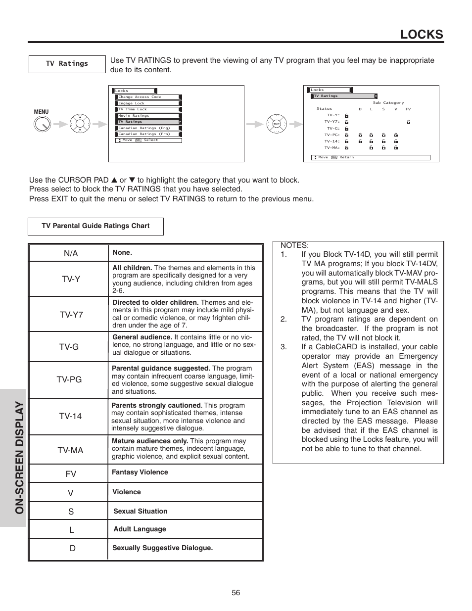 Locks, On-screen displa y, Tv-y tv-y7 tv-g tv-pg tv-14 tv-ma | Hitachi 70VS810 User Manual | Page 56 / 84