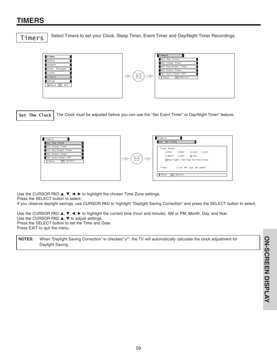 Timers, On-screen displa y, Set the clock | Hitachi 70VS810 User Manual | Page 59 / 84