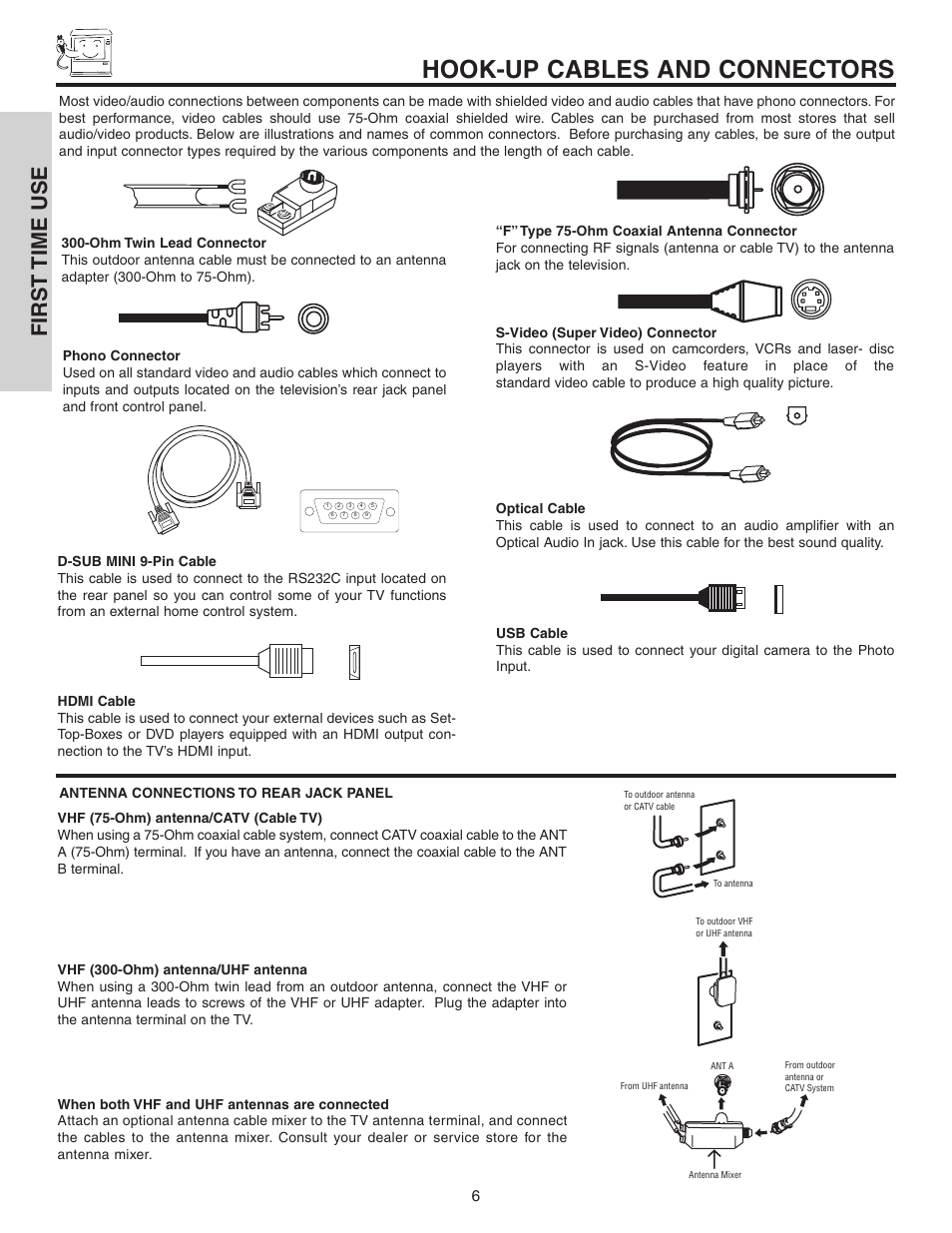 Hook-up cables and connectors, First time use | Hitachi 70VS810 User Manual | Page 6 / 84