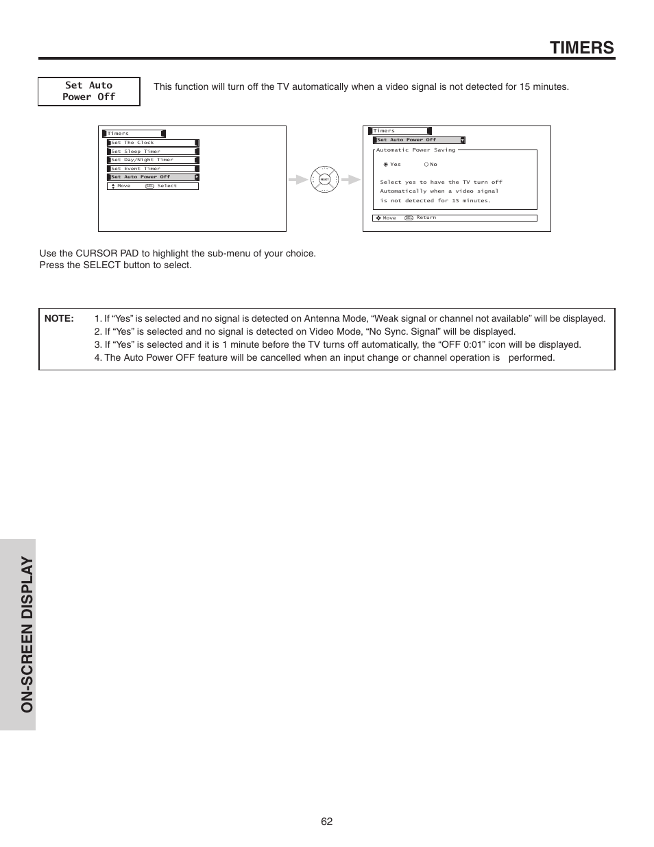 Timers, On-screen displa y | Hitachi 70VS810 User Manual | Page 62 / 84