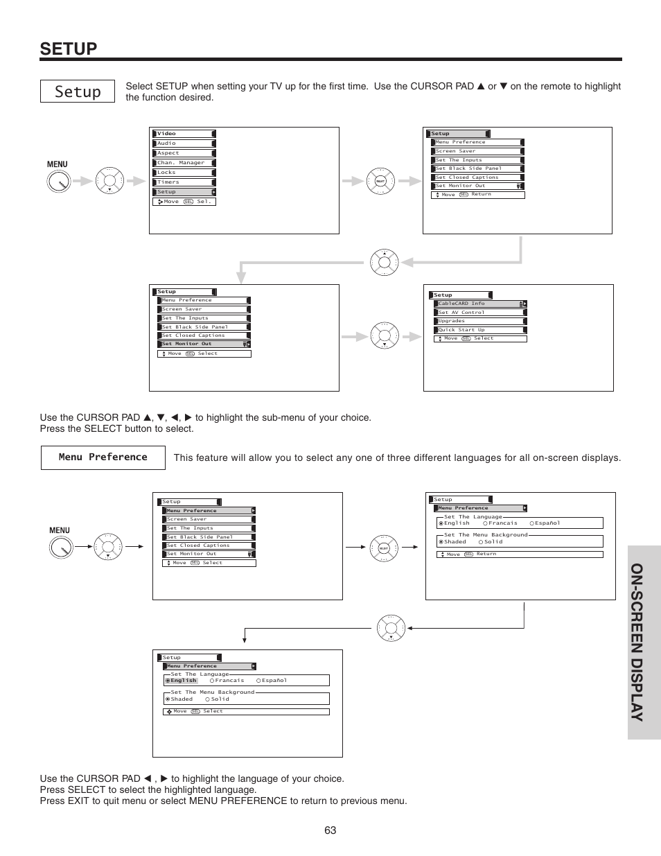 Setup, On-screen displa y | Hitachi 70VS810 User Manual | Page 63 / 84