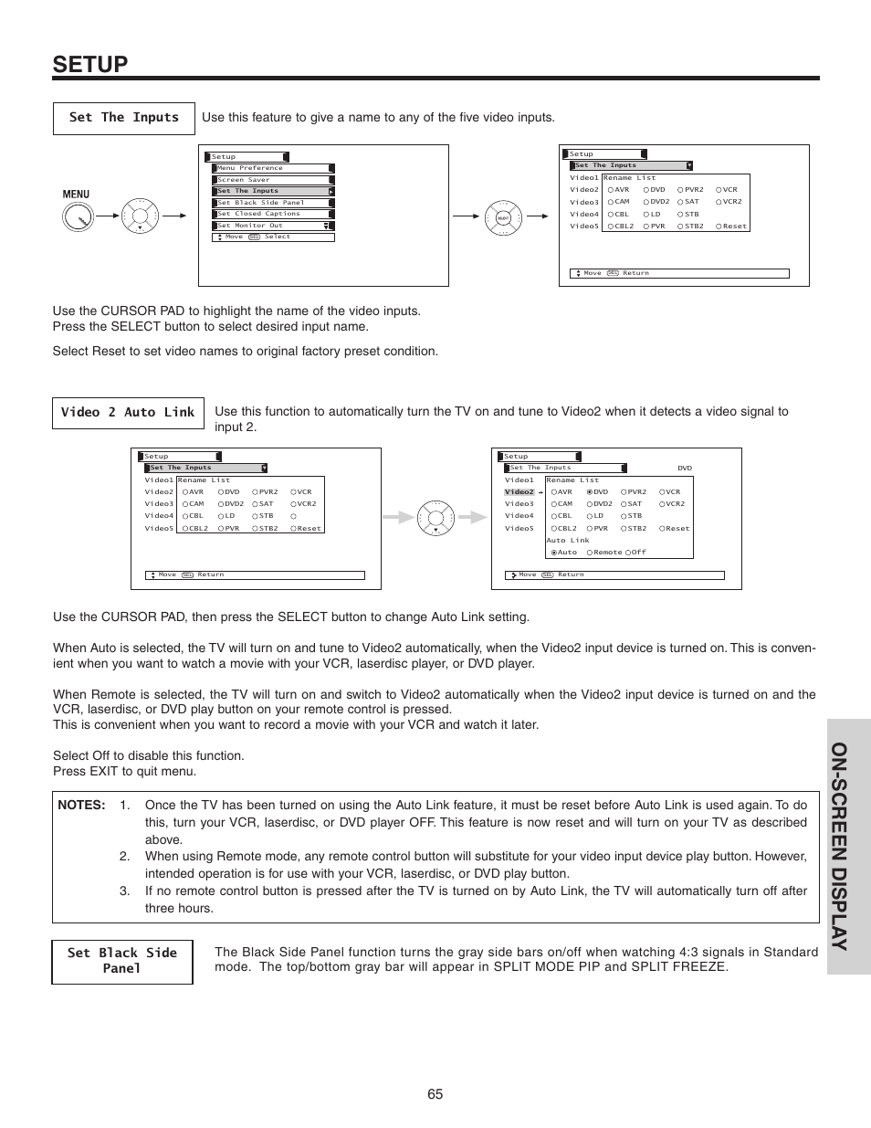 Setup, On-screen displa y | Hitachi 70VS810 User Manual | Page 65 / 84