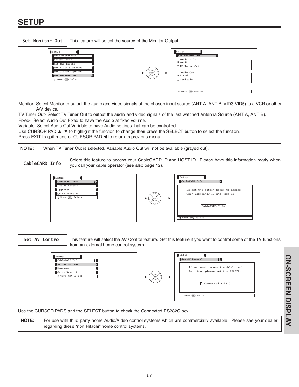 Setup, On-screen displa y | Hitachi 70VS810 User Manual | Page 67 / 84