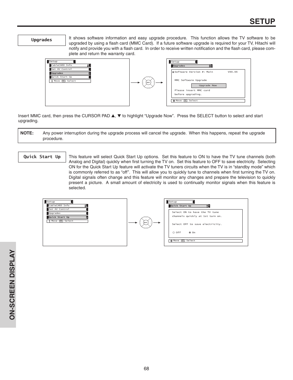 Setup, On-screen displa y | Hitachi 70VS810 User Manual | Page 68 / 84