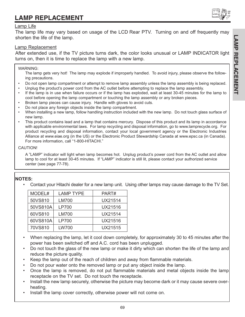 Lamp replacement, Lamp repla cement | Hitachi 70VS810 User Manual | Page 69 / 84