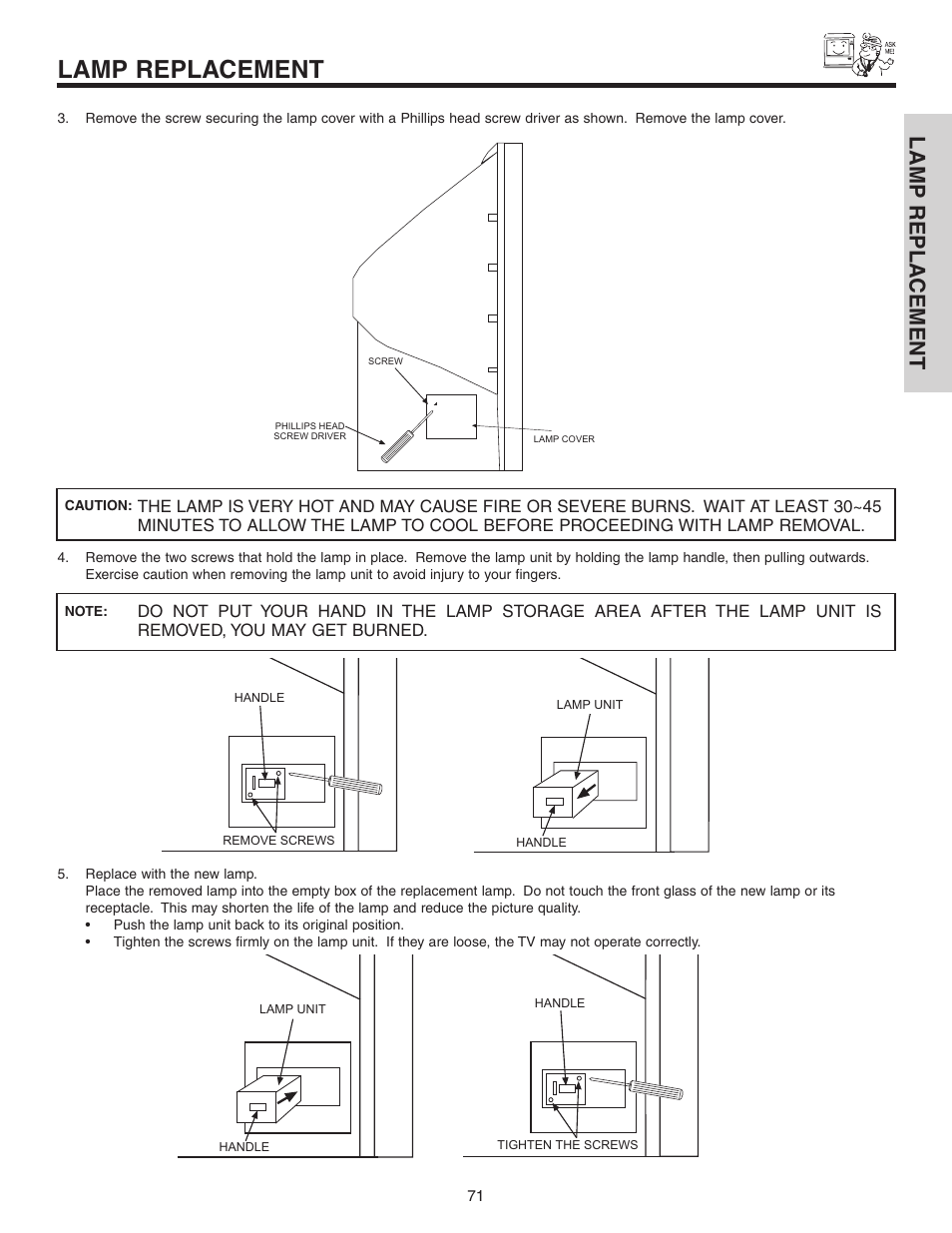 Lamp replacement, Lamp repla cement | Hitachi 70VS810 User Manual | Page 71 / 84