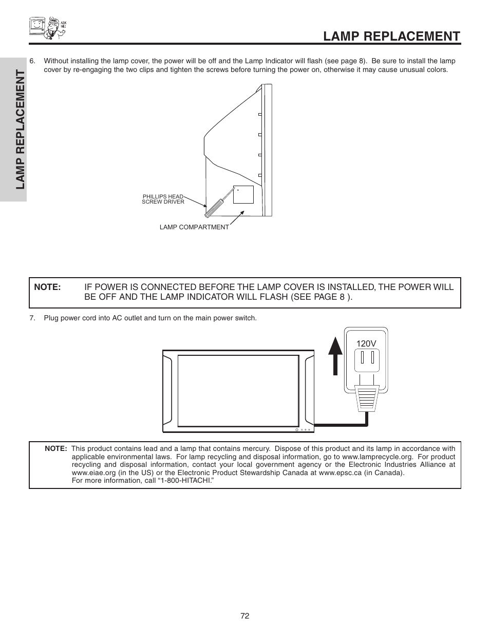 Lamp replacement, Lamp repla cement | Hitachi 70VS810 User Manual | Page 72 / 84