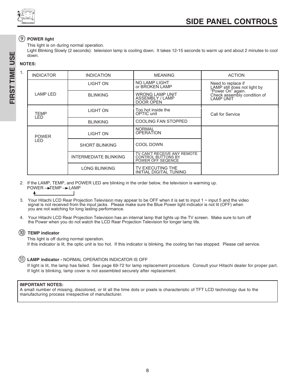 Side panel controls, First time use ቪ | Hitachi 70VS810 User Manual | Page 8 / 84