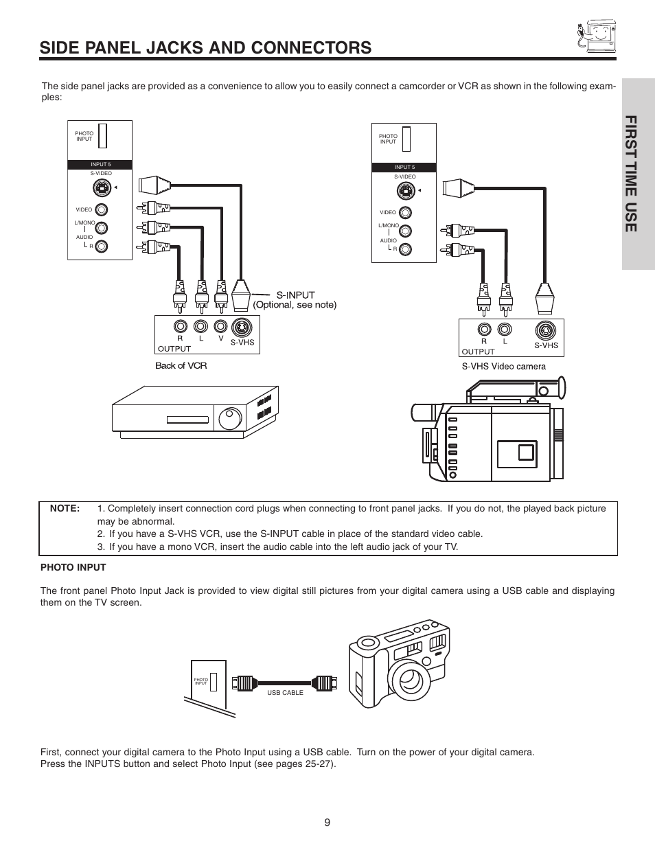 Side panel jacks and connectors, First time use | Hitachi 70VS810 User Manual | Page 9 / 84