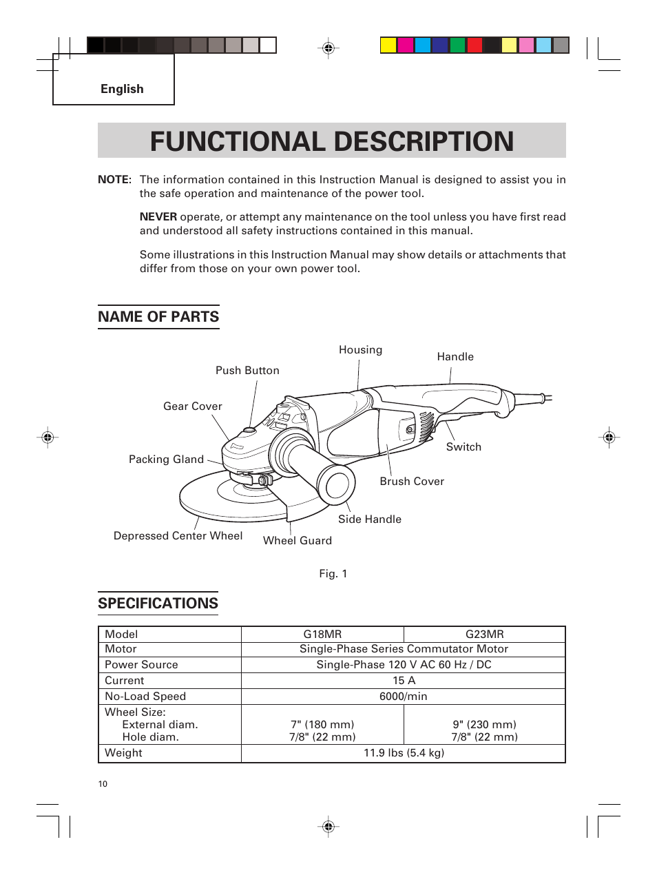 Functional description, Name of parts specifications | Hitachi G 23MR User Manual | Page 10 / 52