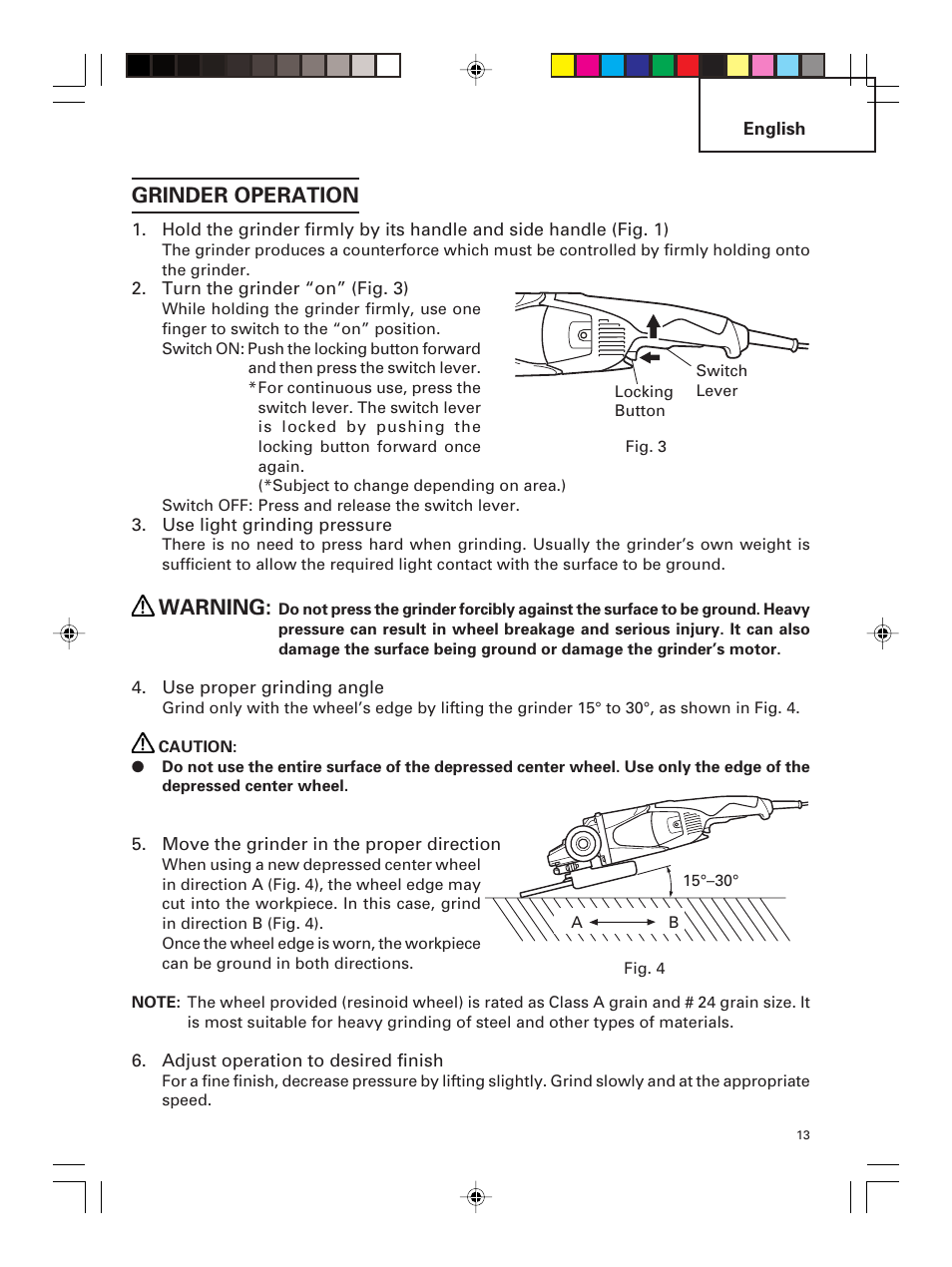 Grinder operation, Warning | Hitachi G 23MR User Manual | Page 13 / 52