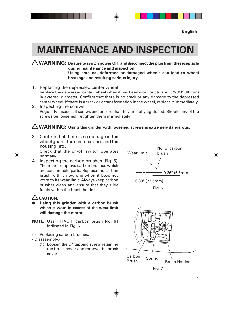 Maintenance and inspection, Warning | Hitachi G 23MR User Manual | Page 15 / 52