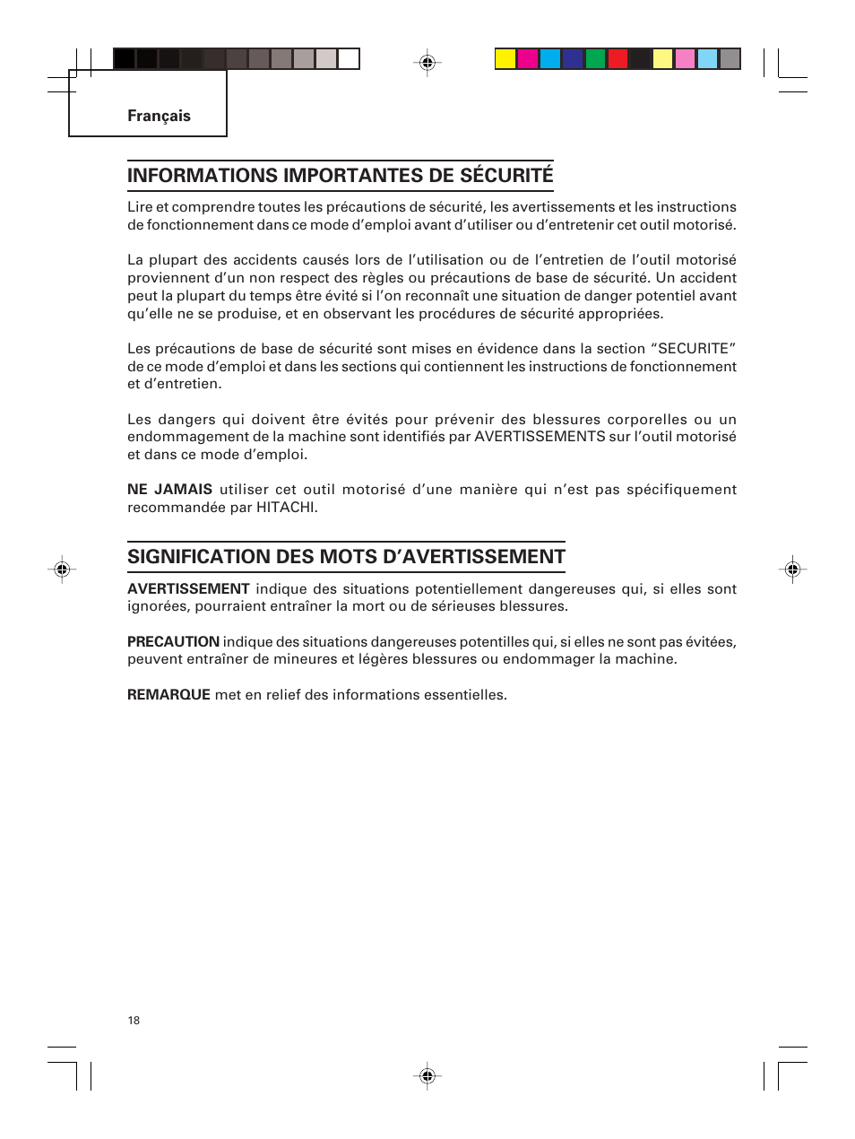 Informations importantes de sécurité, Signification des mots d’avertissement | Hitachi G 23MR User Manual | Page 18 / 52