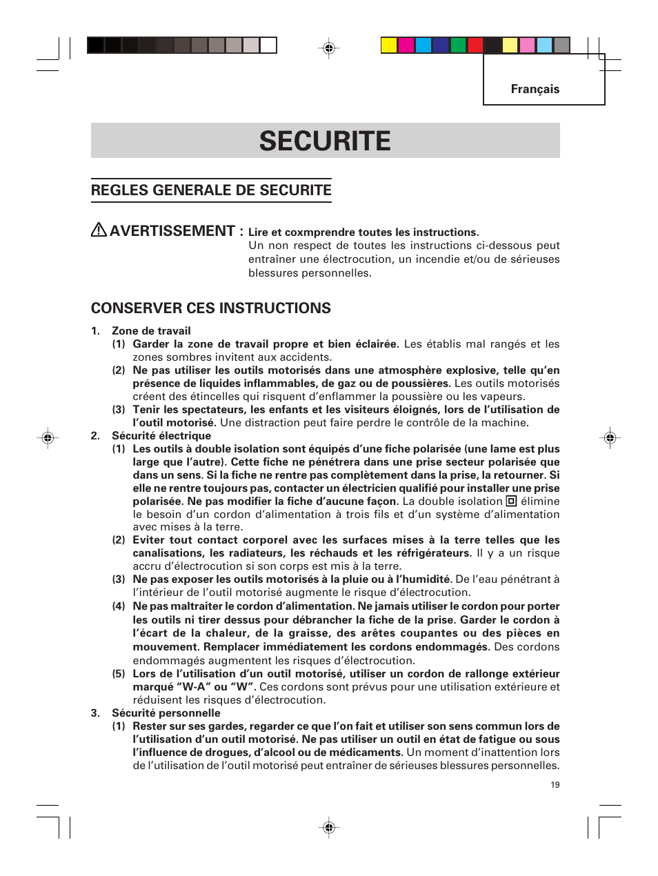 Securite, Regles generale de securite avertissement, Conserver ces instructions | Hitachi G 23MR User Manual | Page 19 / 52