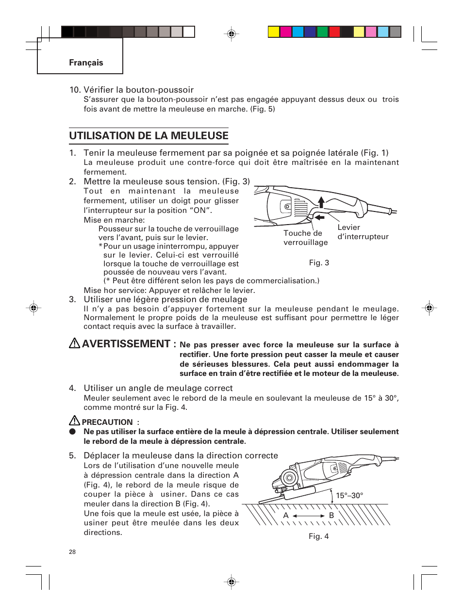 Utilisation de la meuleuse, Avertissement | Hitachi G 23MR User Manual | Page 28 / 52