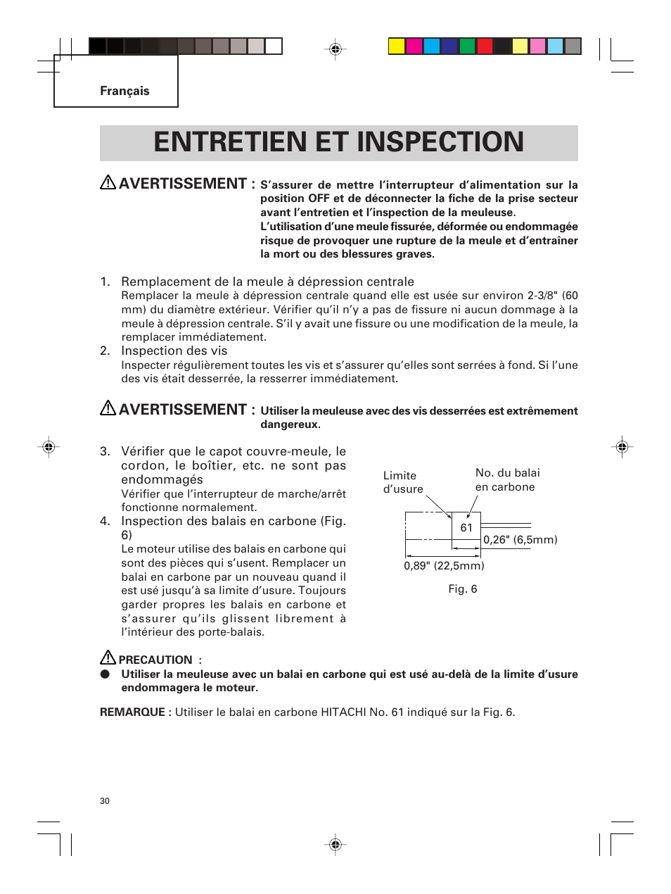 Entretien et inspection, Avertissement | Hitachi G 23MR User Manual | Page 30 / 52
