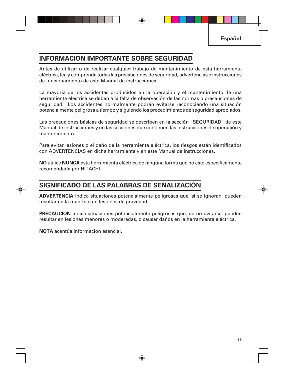 Información importante sobre seguridad, Significado de las palabras de señalización | Hitachi G 23MR User Manual | Page 33 / 52